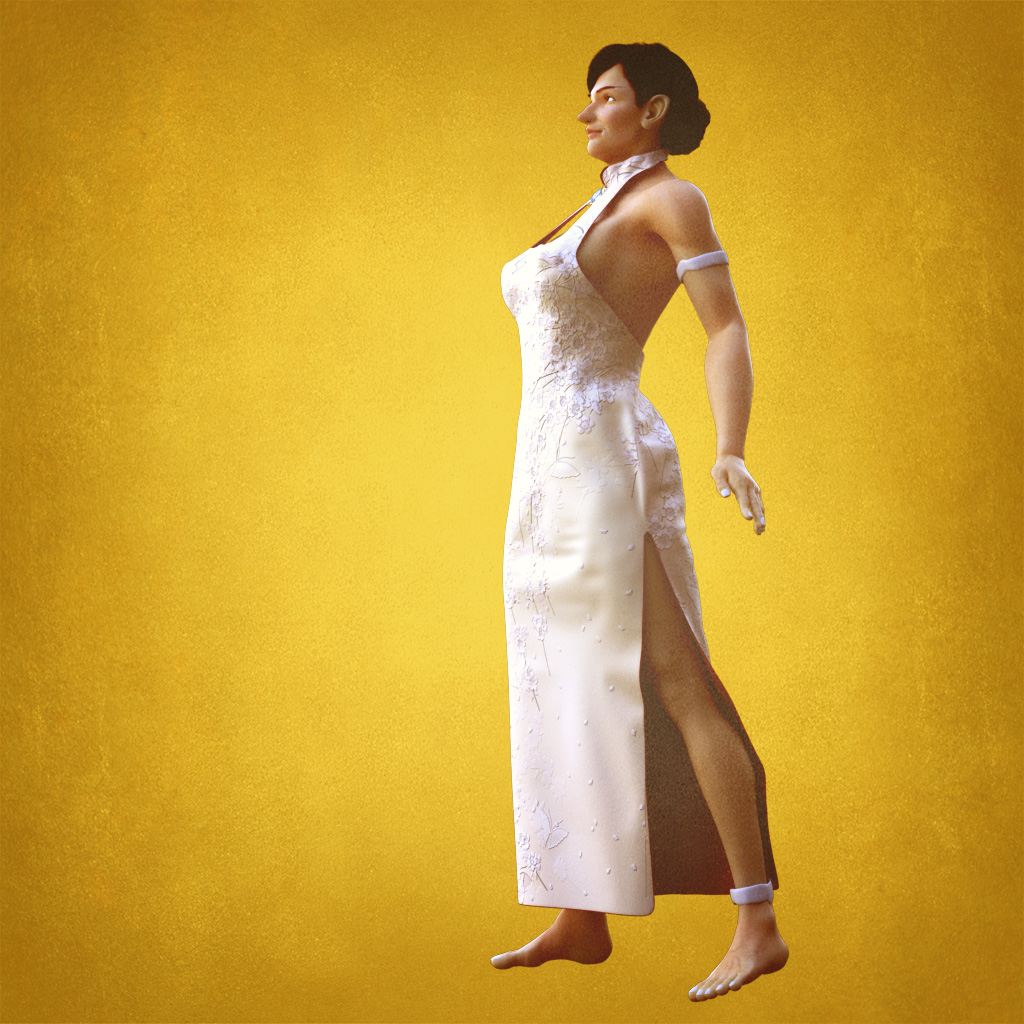 A 3D-rendered woman in a white embroidered cheongsam walks across a gold background, seen from the side. Her right arm swings back; the muscles of her shoulder and upper back are visible under the skin.