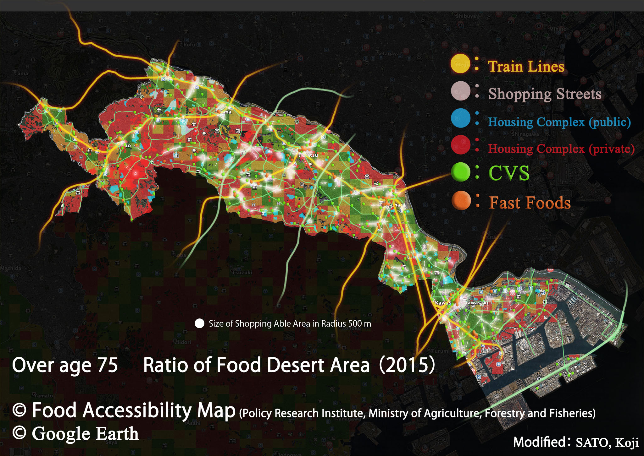 A dark satellite map of Kawasaki City. A red-to-green grid shows the share of residents over 75 with poor access to food, red being worst. Orange lines trace train lines; white glows mark shopping streets; blue and red patches mark public and private housing complexes; green and orange dots mark convenience stores and fast-food shops.